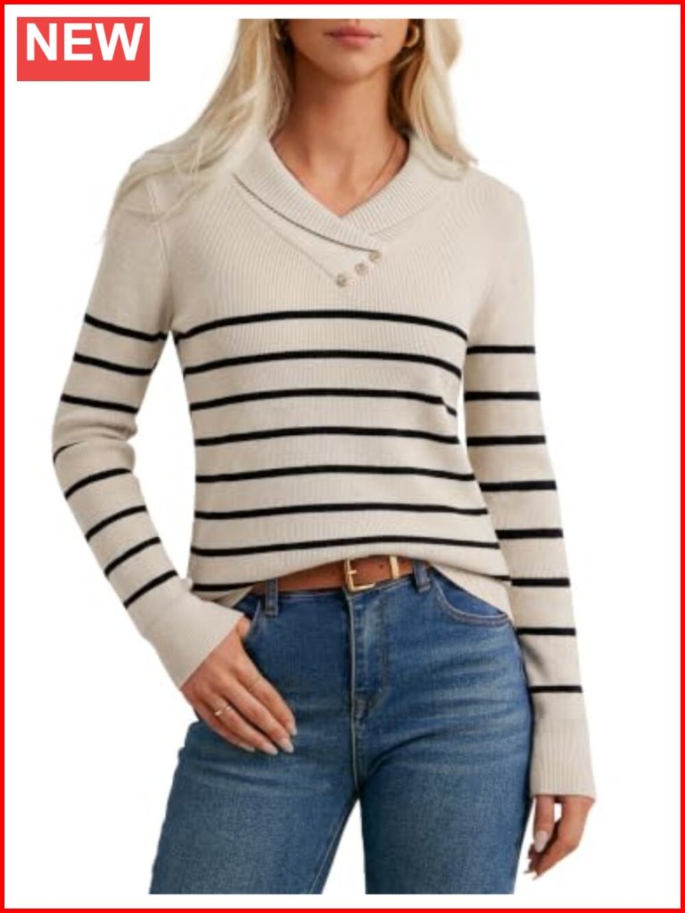 Women Fall Long Sleeve V Neck Collar Knit Pullover Sweater